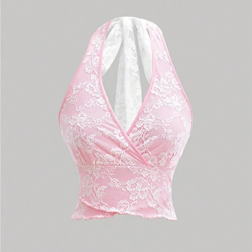 Pink lace floral halter top
